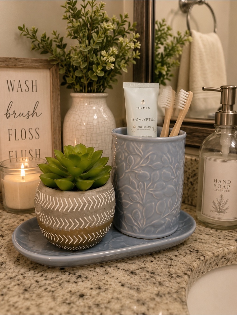 Thymes Eucalyptus Blue Ceramic Tumbler & Tray Set
